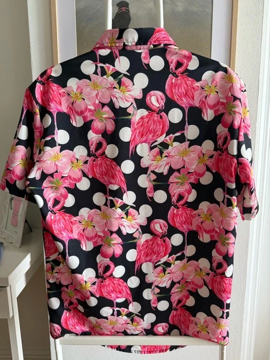 Flamingo Print Button Up Shirt Polka Dot Black Pink Tropical Size M - Picture 2 of 4